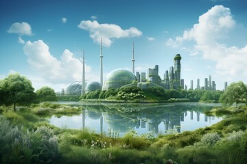 Naklejka premium Green industry and nature blend in a wetland scene. Clean energy helps keep our wetlands green and full of life. Advanced energy systems and rich greenery in a wetland landscape.