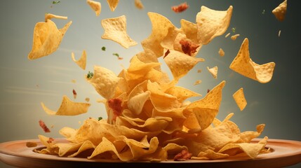 Bright yellow nachos falling onto a plate.