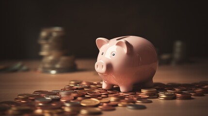 Pink Piggy bank with coins on black background.