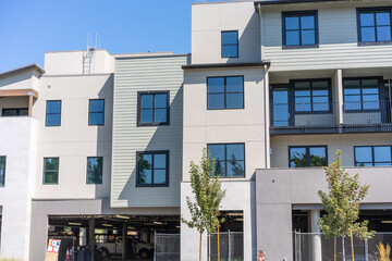 Exterior view of multifamily residential building under construction; Fremont, San Francisco bay area, California