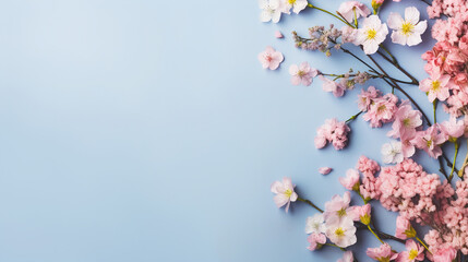 Flat lay of spring flowers on blue background with copy space - obrazy, fototapety, plakaty