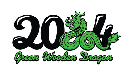 Symbol of 2024 - green wooden dragon. Vector template for greeting card, poster, invitation
