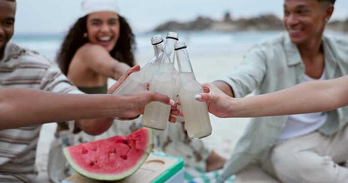 Friends, toast with fruit drinks and beach for celebration, outdoor party and new year holiday with alcohol bottle. Happy people with watermelon, soda or ginger beer cocktail for cheers and vacation