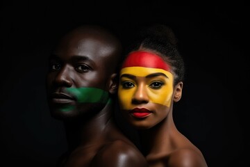 Black History Month. African-american man and woman over black background with red green colors. Human rights, freedom, history, activism.