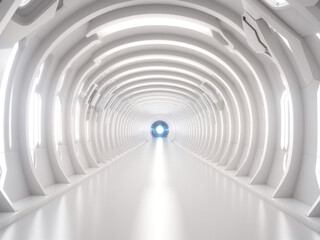 Luminous Voyage: Exploring the Futuristic White Corridor Tunnel in a Spaceship or Future

