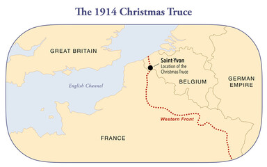 Map showing the location of the 1914 Christmas truce during World War I between France, Great Britain and German empire