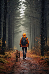 a man with a dog walks through the forest, rear view