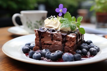 Blueberry brownie on a porcelain plate, served in a brunch with fresh flowers., generative IA