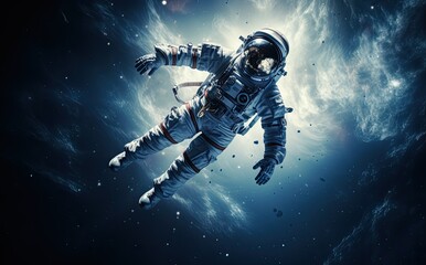 Fototapeta premium Astronaut floating in outer space with planets around him