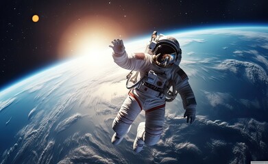 Astronaut flying over the stars and the planet earth