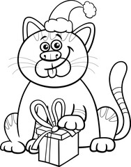 cartoon cat with gift on Christmas time coloring page