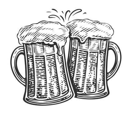 Cheers, Two beer mugs toast. Clinking glass glasses full of ale and splashes of foam, illustration