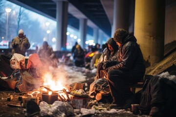 Homeless people sit together, seeking warmth under a bridge during a snowfall. - obrazy, fototapety, plakaty