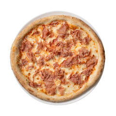 top view pizza with sausage and broccoli. isolated white background