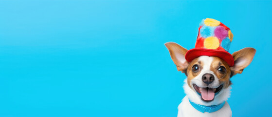 horizontal banner, funny puppy in a clown hat, April 1st, April Fools Day, place for text