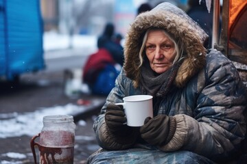 Homeless woman drinking tea, snowy environment, shelter in harsh city backdrop.