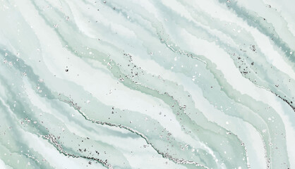 Luxury marble stone texture border with silver waves and glitter splatter.