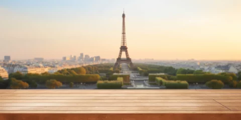Foto op Canvas Empty wooden table for product display with France, Paris city skyline and Eiffel Tower background © ink drop