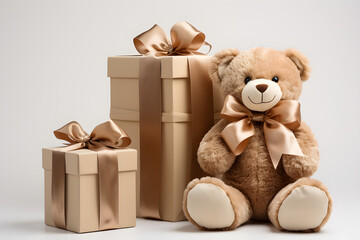 Cute teddy bear with ribbon and giftbox, perfect for children's birthday parties and bedtime,