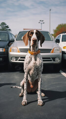 German Shorthaired Pointer by a car