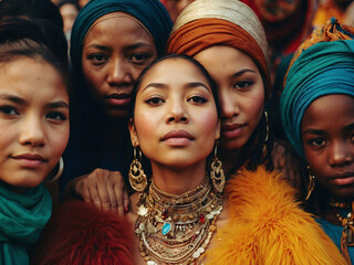 Grupo de mujeres de distintas culturas y etnias con ropa tradicional - obrazy, fototapety, plakaty