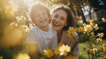 Happy mother with her toddler son in the garden with flowers