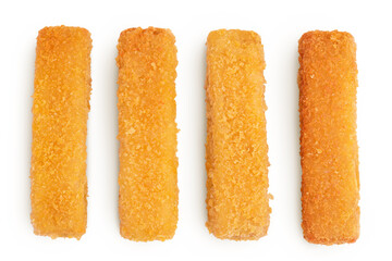 Fish finger or stick isolated on white background with full depth of field. Top view. Flat lay. - obrazy, fototapety, plakaty