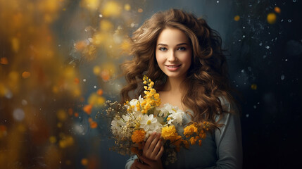 Portrait of attractive cheerful girl holding flowers