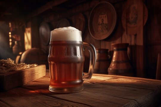 Large beer mug in brewery bar. Beerhouse brewery golden alcoholic beverage with foam. Generate ai