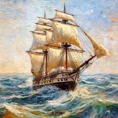 A ship sailing in the water, adopting the Monet style, full of hidden details, realistic brushstrokes, meticulous brushstrokes, edited illustrations, extreme angles, historical accuracy