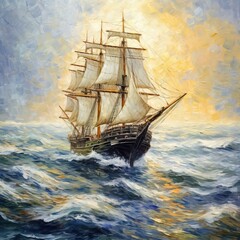 A ship sailing in the water, adopting the Monet style, full of hidden details, realistic brushstrokes, meticulous brushstrokes, edited illustrations, extreme angles, historical accuracy