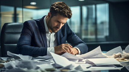 Stressed out and anxious young handsome businessman sitting in modern office interior, looking at the table or desk full of paperwork documents. Unhappy male employee, tired of his job - obrazy, fototapety, plakaty