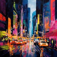 An abstract acrylic painting of a bustling cityscape at night, with towering skyscrapers illuminated by a multitude of vint neon lights. The streets below are alive with movement, as cars zoom by and  - obrazy, fototapety, plakaty