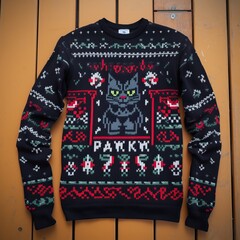 an ugly sweater with the words paw wien's christmas marfaks, in the style of apocalyptic, pixel art, mischievous feline motif, hyperspace noir, xbox 360 graphics, knitted and crocheted, chiaroscuro co