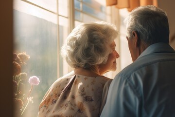 The elderly husband and wife exchange glances by the window in nursing home