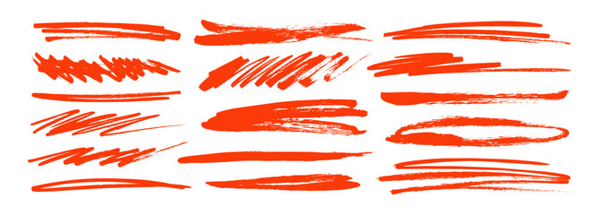 Red underline and strikethrough markers collection. Horizontal hand drawn marker stripes.