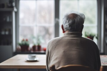 With his back facing outward, the aged man looks out the window. The senior man sits on a chair, feeling a sense of depression and sadness - obrazy, fototapety, plakaty