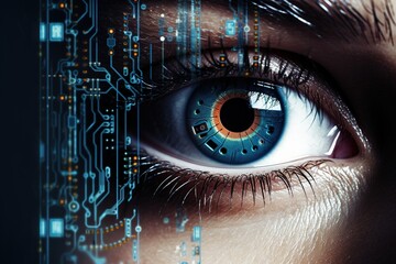 Artificial intelligence with human eye covered with electronci circuits