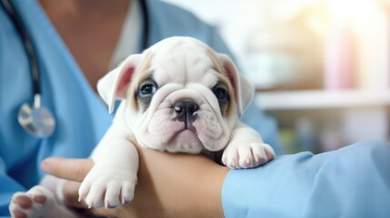 A photo of an English bulldog puppy being examined by a veterinary clinic doctor