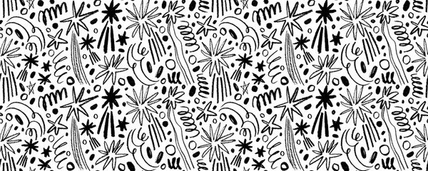 Seamless banner design with charcoal stars with tails. Hand drawn childish style seamless pattern. - obrazy, fototapety, plakaty