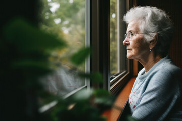 The elderly woman looks through the window, waiting for a family member to come by, and she appears to be depressed