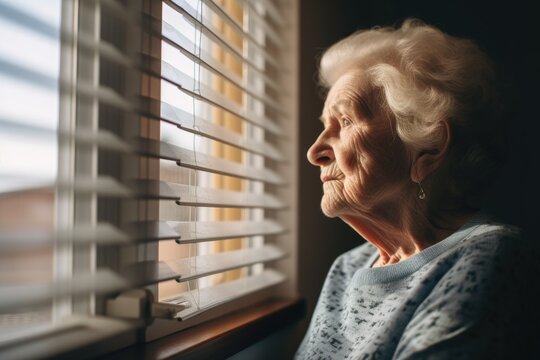The elderly woman with gray hair is looking through the blinds on the window and appears to be depressed