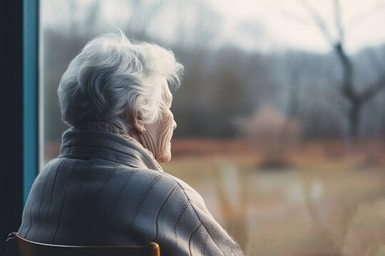 The elderly woman with gray hair, facing away, looks through the window, lost in thought, and appears to be feeling depressed