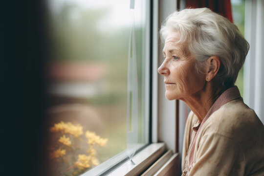 The elderly woman with short hair is looking through the window and appears to be depressed