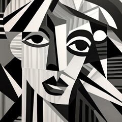 cubist portrait of a woman, black and white, linocut style - obrazy, fototapety, plakaty