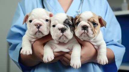 A photo of three English bulldog puppies being examined by a veterinary clinic doctor