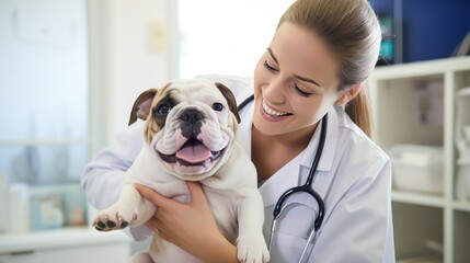 A photo of an English bulldog puppy being examined by a veterinary clinic doctor