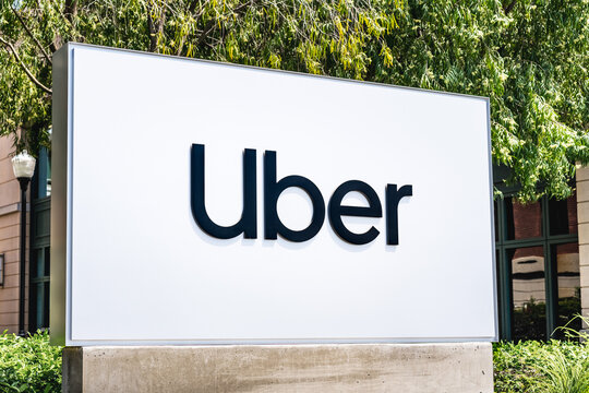 May 14, 2021 Sunnyvale / CA / USA - Close up of Uber logo at their offices in Silicon Valley; Uber Technologies, Inc. is an American multinational transportation network company