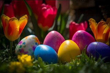Fototapeta na wymiar Springtime Treasure Hunt: Colorful Easter Eggs in Floral Bliss - Generative AI