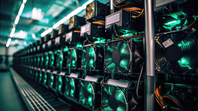 Bitcoin and crypto mining farm. Big data center. High tech server computers at work in green lighting